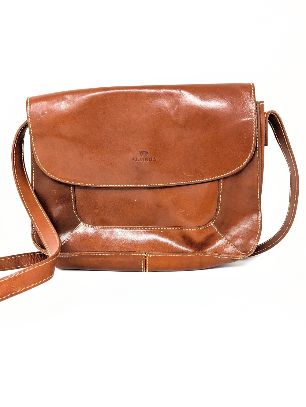 CLAUDIA Tan Leather Flap Bag — Crown Logo Detail